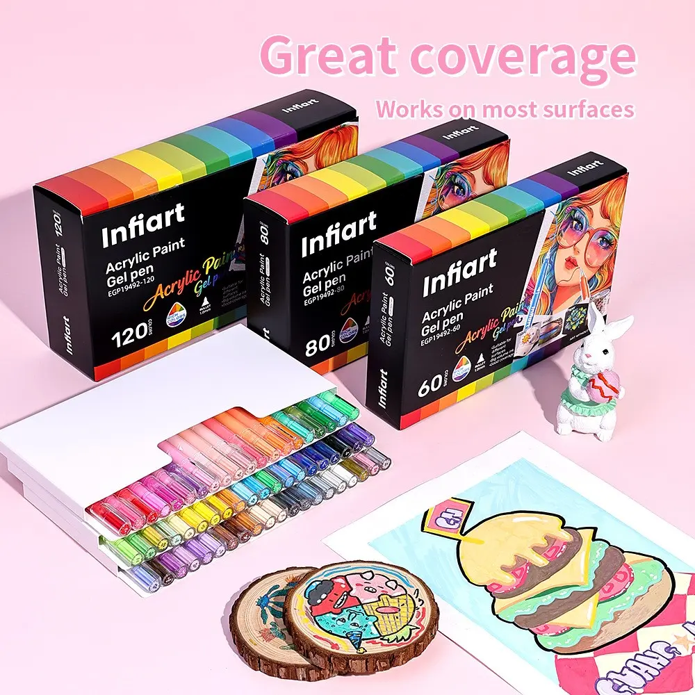 Infiart Acrylic Gel Pen Set, 60/80/120 Vibrant Colors, 1.0mm Bullet Tip, Smooth Ink Flow, Ideal for DIY Crafts and Mandalas