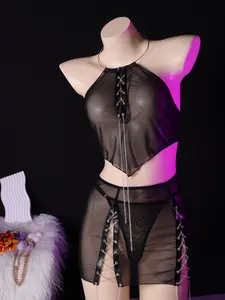 Mesh Lingerie Set, Comfortable Sheer 3-Piece Underwear Set, Nighttime Strappy Cross Back Bra, Unique Style for Dance Parties