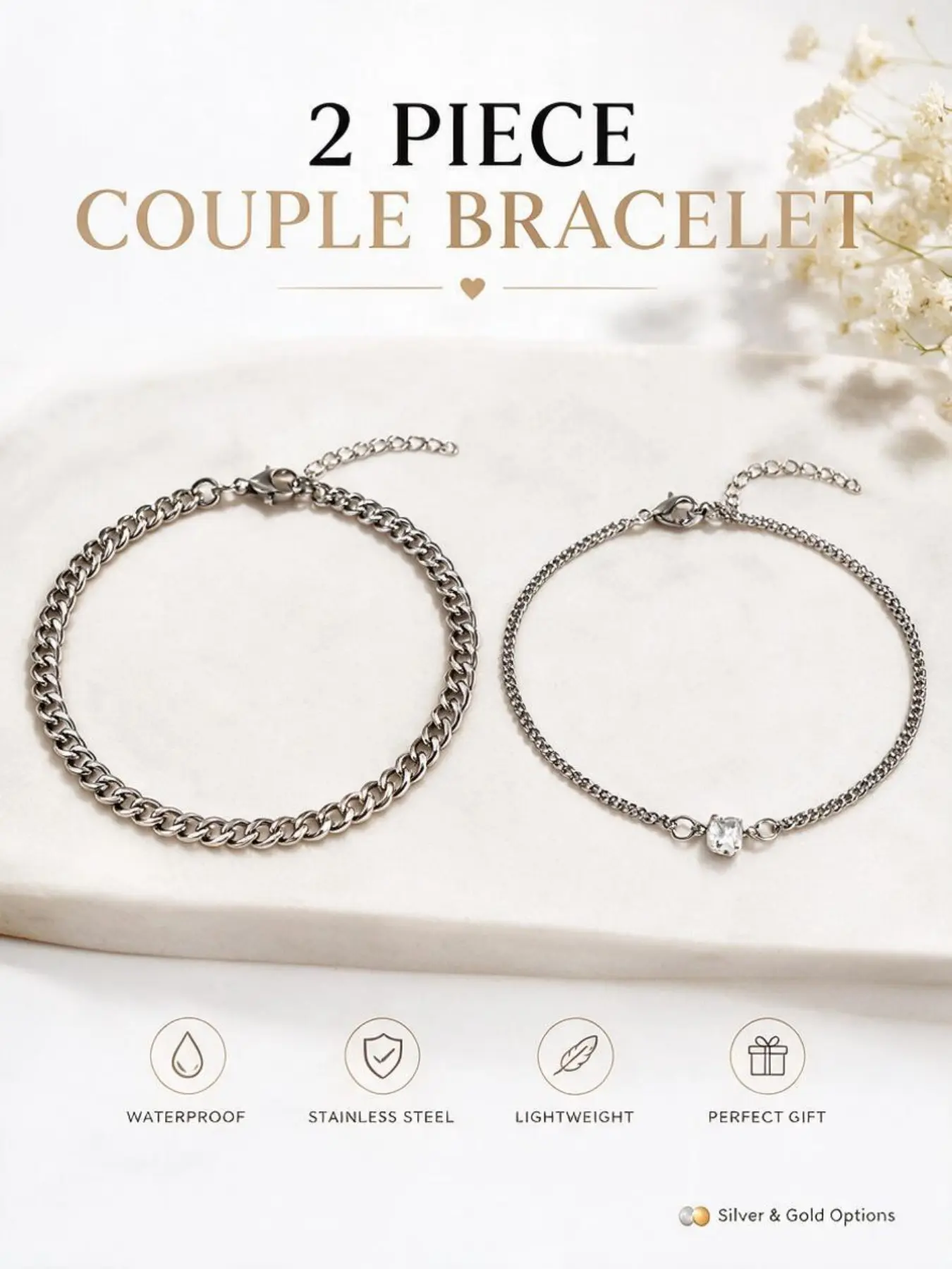 2 Piece Couple Bracelet Set, Cuban Chain, Neutral Stainless Steel Waterproof Jewelry, Casual Style, Perfect Gift for Couples