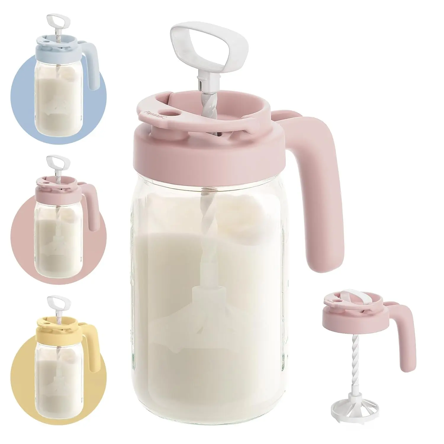 Glass Formula Pitcher, Fast Baby Breastmilk Maker with Mixing Handle Lid, Wide Mouth Mason Jar Breast Milk Storage Container with Flip-Lock Spout, BPA-Free, Pink