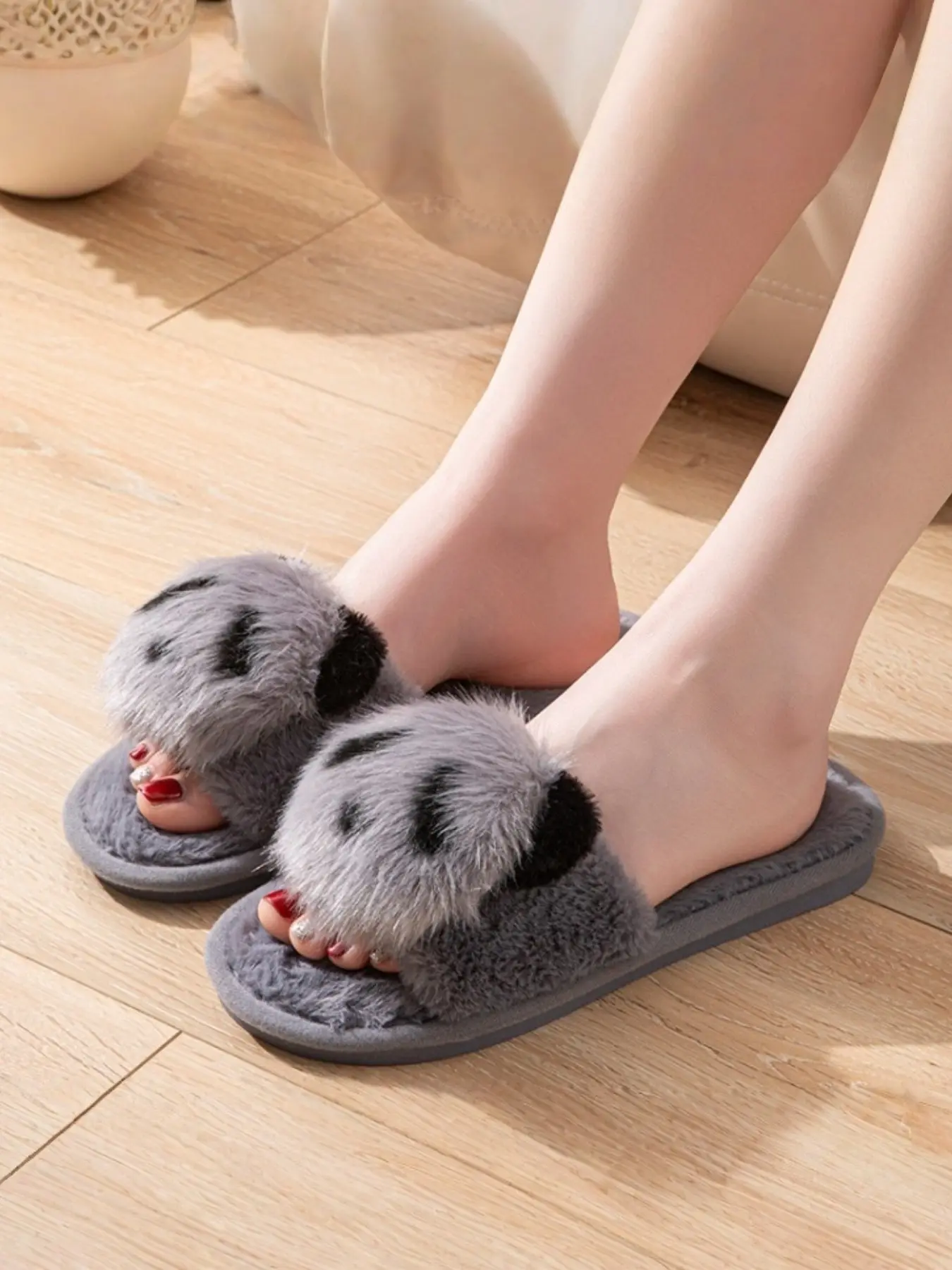 Women's Cute Cartoon 3D Panda Open-Toe Plush Slippers, Fall Winter Indoor Non-Slip Quiet Soft Sole Warm Home Shoes