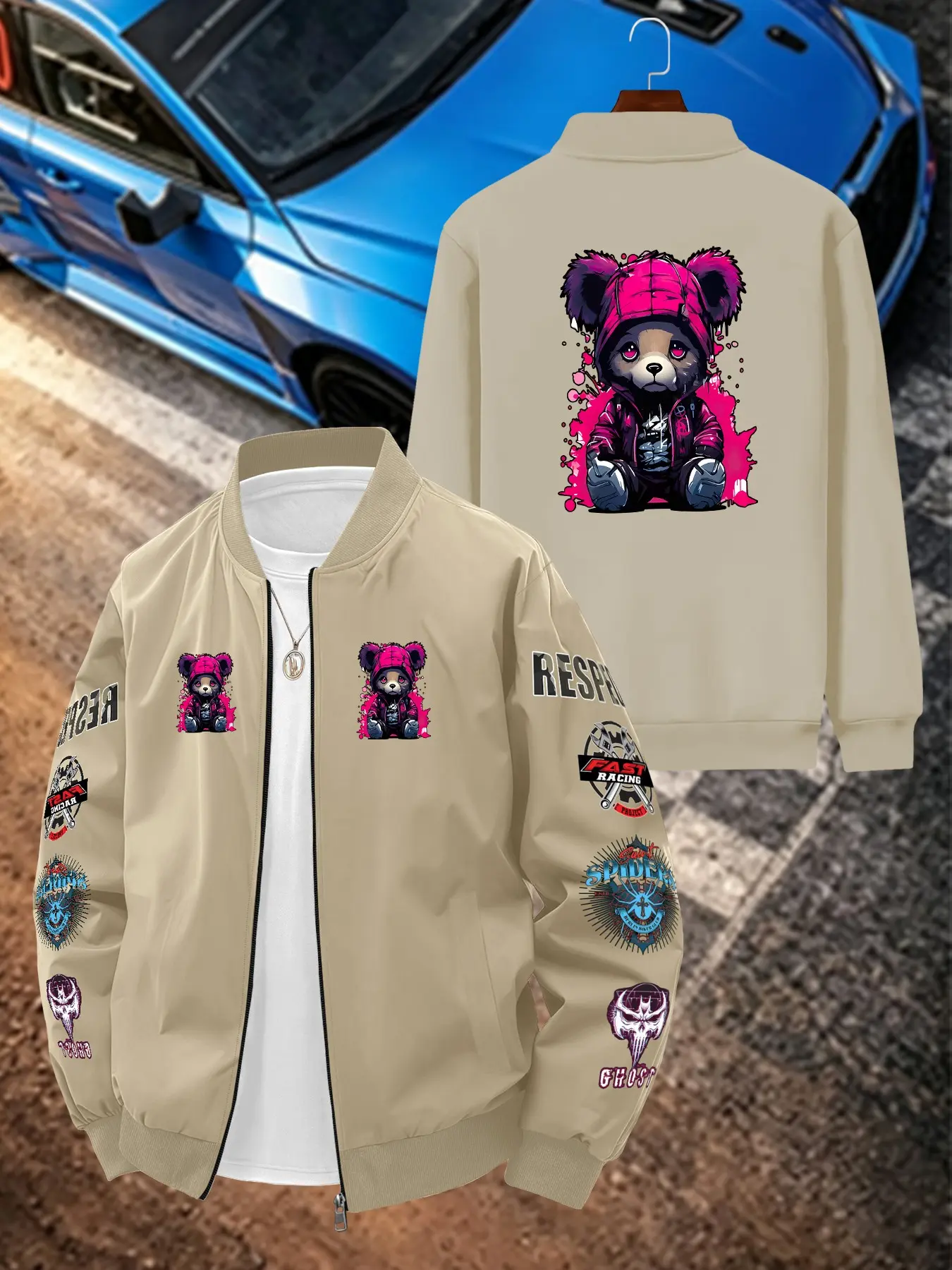 Cartoon Bear Print Men's Casual Jacket, Long Sleeve Slim-Fit, All Seasons, Geometric Pattern, Pull-On Closure