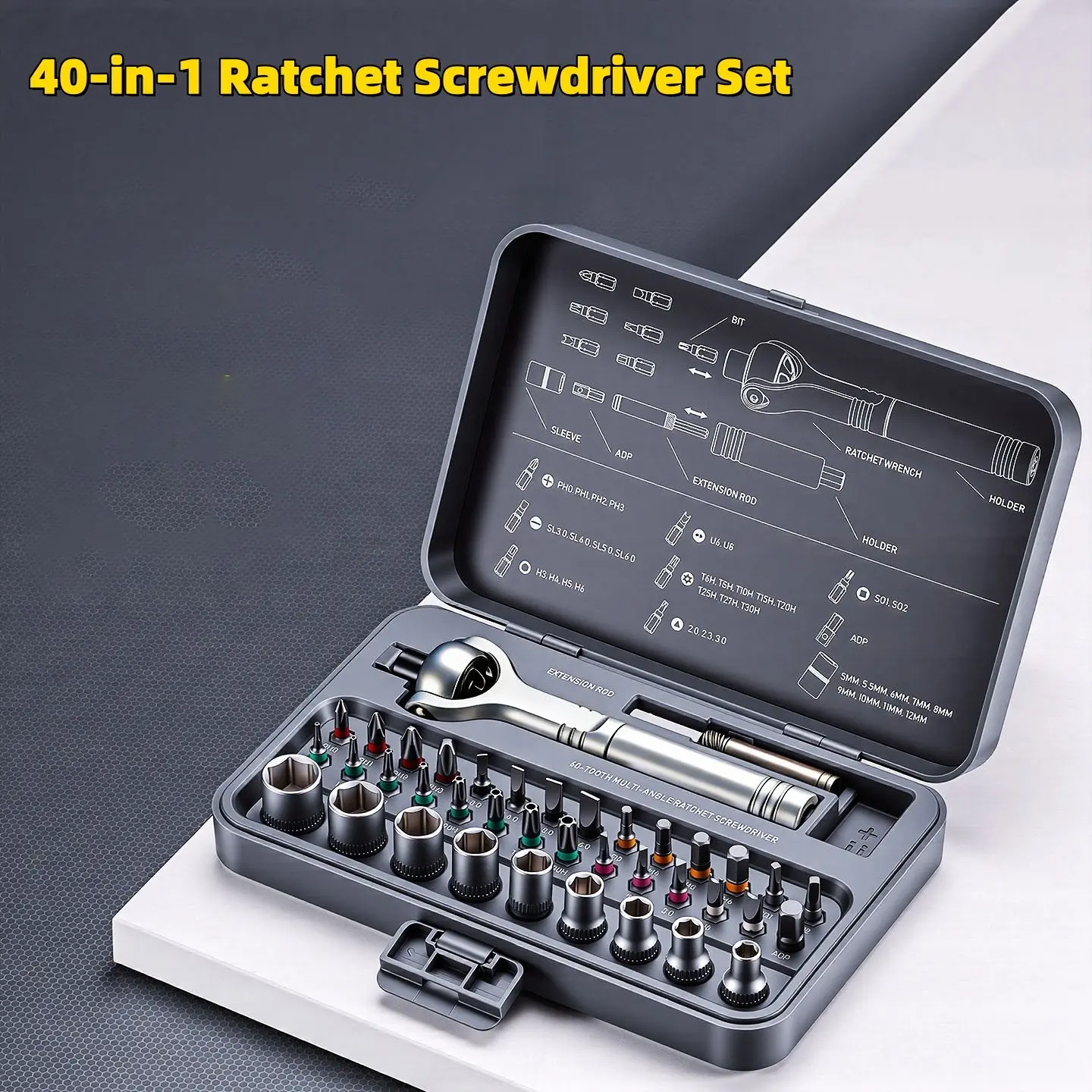 40-in-1 Magnetic Ratchet Screwdriver Set, Multipurpose Screwdriver Kit, 60-Tooth Multi-Angle Socket Wrench Kit with 180° Rotatable Head, Magnetic Screwdriver Tools for Household Repair, DIY and Furniture Assembly