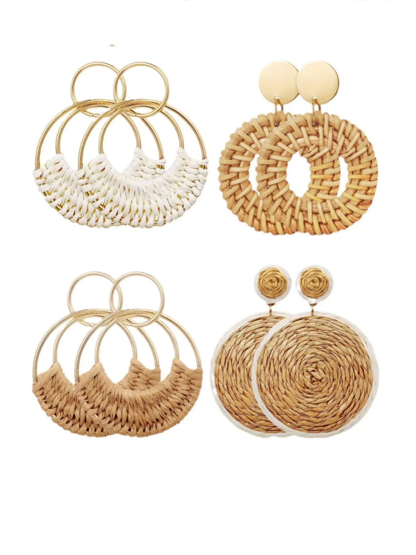 4 Pairs Handmade Raffia Rattan Bohemian Round Drop Dangle Earrings for Women, Boho Statement Cute Fun Hoop Earrings Set