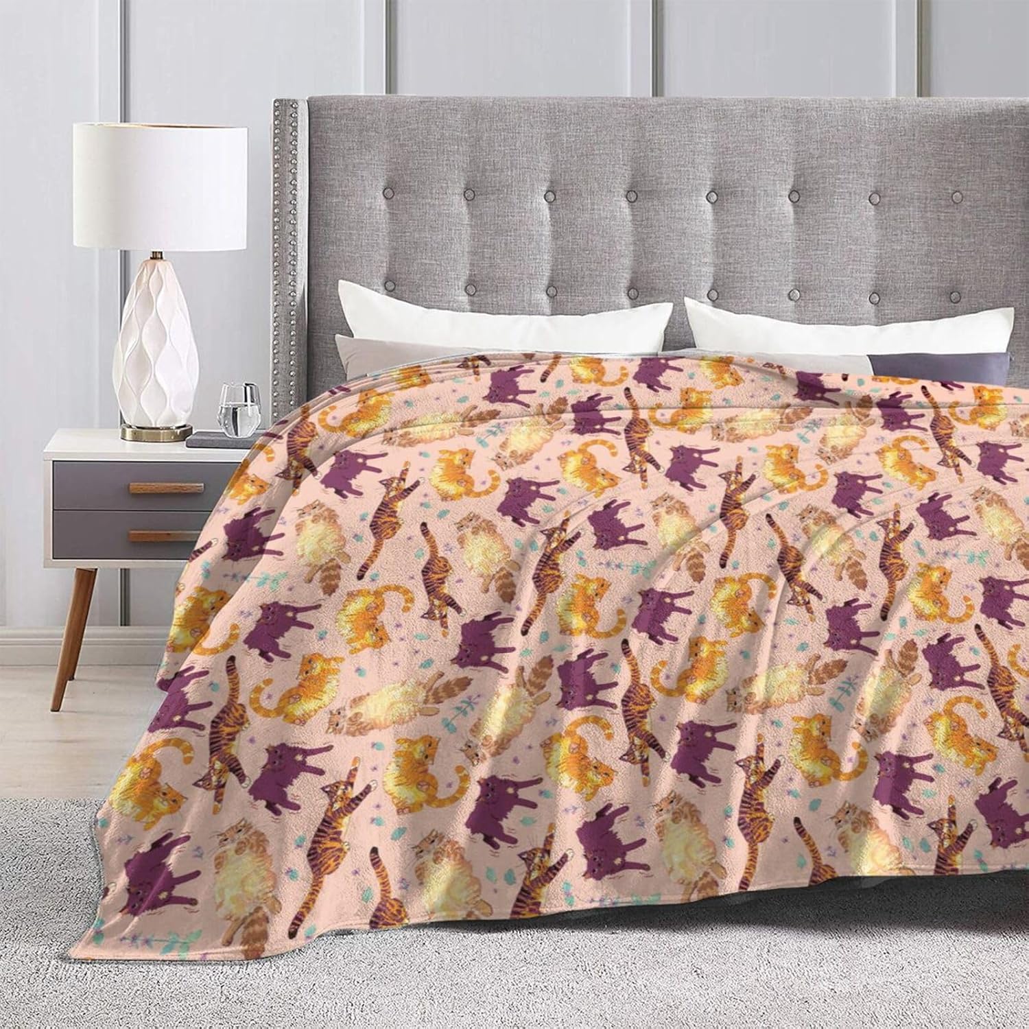 Cat Blanket, Flannel Throw Blanket, 60''x50'', Multicolor, Animal Print, Soft, Warm, Perfect for Beds, Sofas, Camping, Napping, Travel, Working