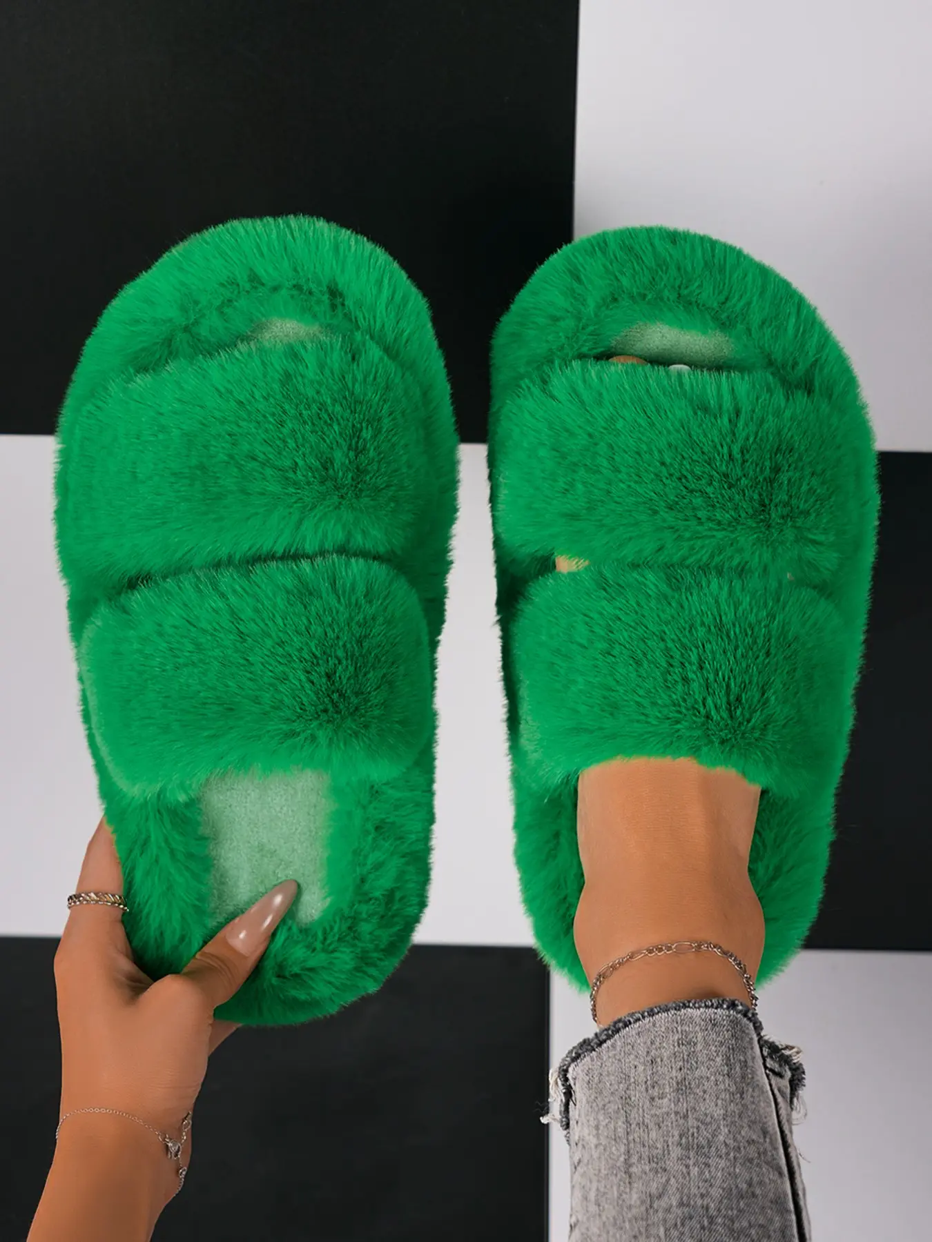 Double Strap Plush Thick Sole Slippers, Fluffy Open-Toe Cozy Sandals, Comfortable Indoor Footwear, Soft and Warm House Shoes