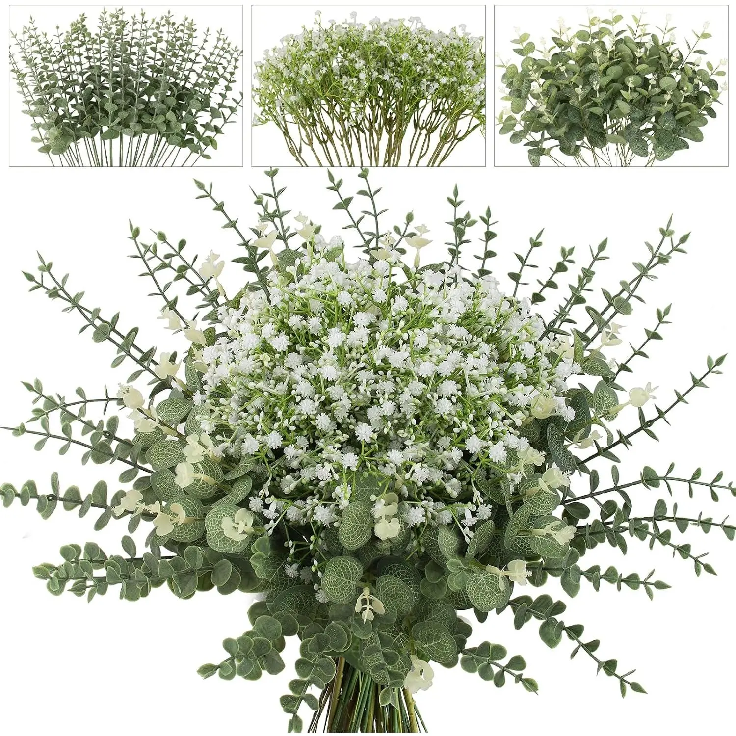 100 count  Greenery Artificial Eucalyptus Stems,  Breath Artificial  Bulk and Eucalyptus Leaves for Wedding Bouquets  Office Floral Decor (100, Green and White)