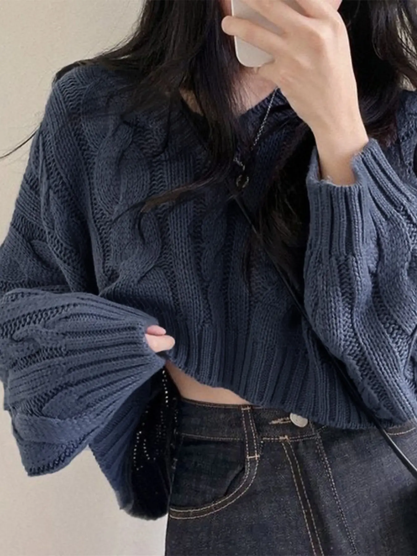 New Fashion Korean V Neck Long Sleeve Knit Sweater, Loose Fit Elegant Solid Pattern, Fall Winter Casual Office Date Wear