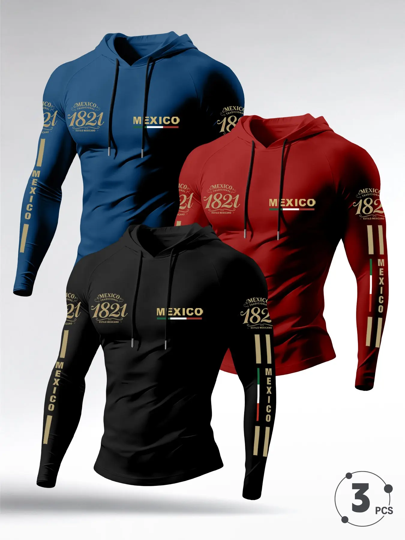 3-Pack Mexican Style Hooded Tight Long Sleeve, Vintage 1821 Print Elastic Sportswear, Comfortable Fashion Men's Daily Wear T-Shirts