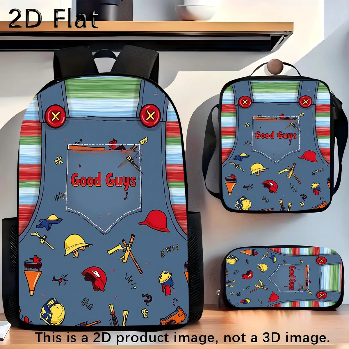 Durable Water Resistant 3-Piece Backpack Set for Horror Movie Fans, Lightweight School Bag with Lunch Box, 2D Flat Good Guys Denim Overalls Chucky Doll Tool Cartoon Print, Includes Large Rucksack, Thermal Lunch Tote & Stationery Pouch