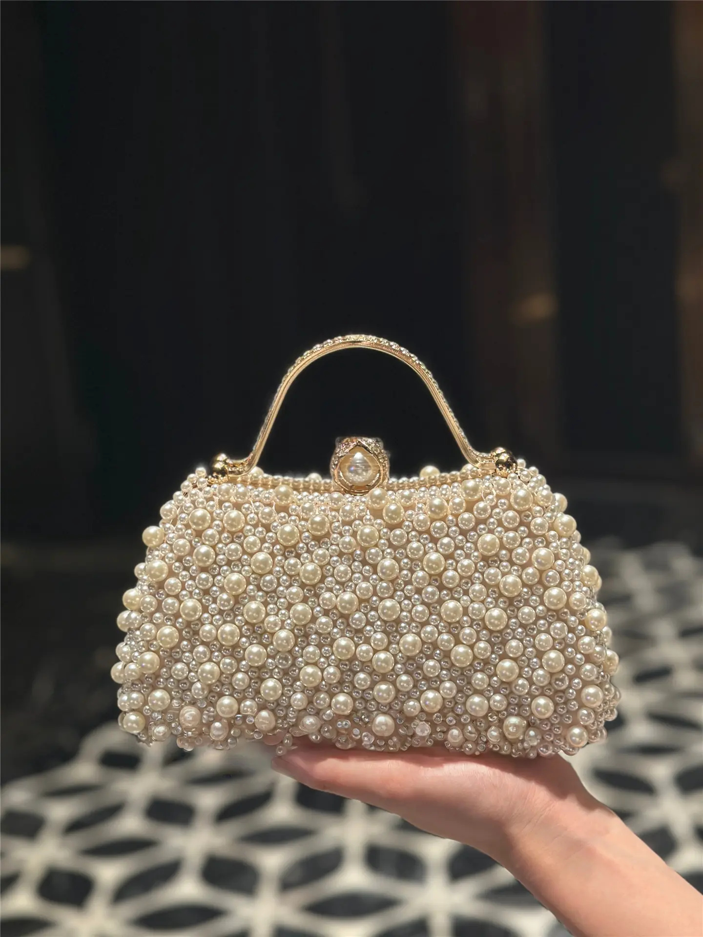 Mixed Size Cream Faux Pearls Rectangle Hard Case Box Evening Clutch, Formal Clutch, Dinner Bag, Purse, Rhinestone Encrusted Curved Metal Top Handle Round Pearl Ball Clasp Detachable Thin Gold Crossbody Chain Wedding Bridal Prom Gala Hand Purse