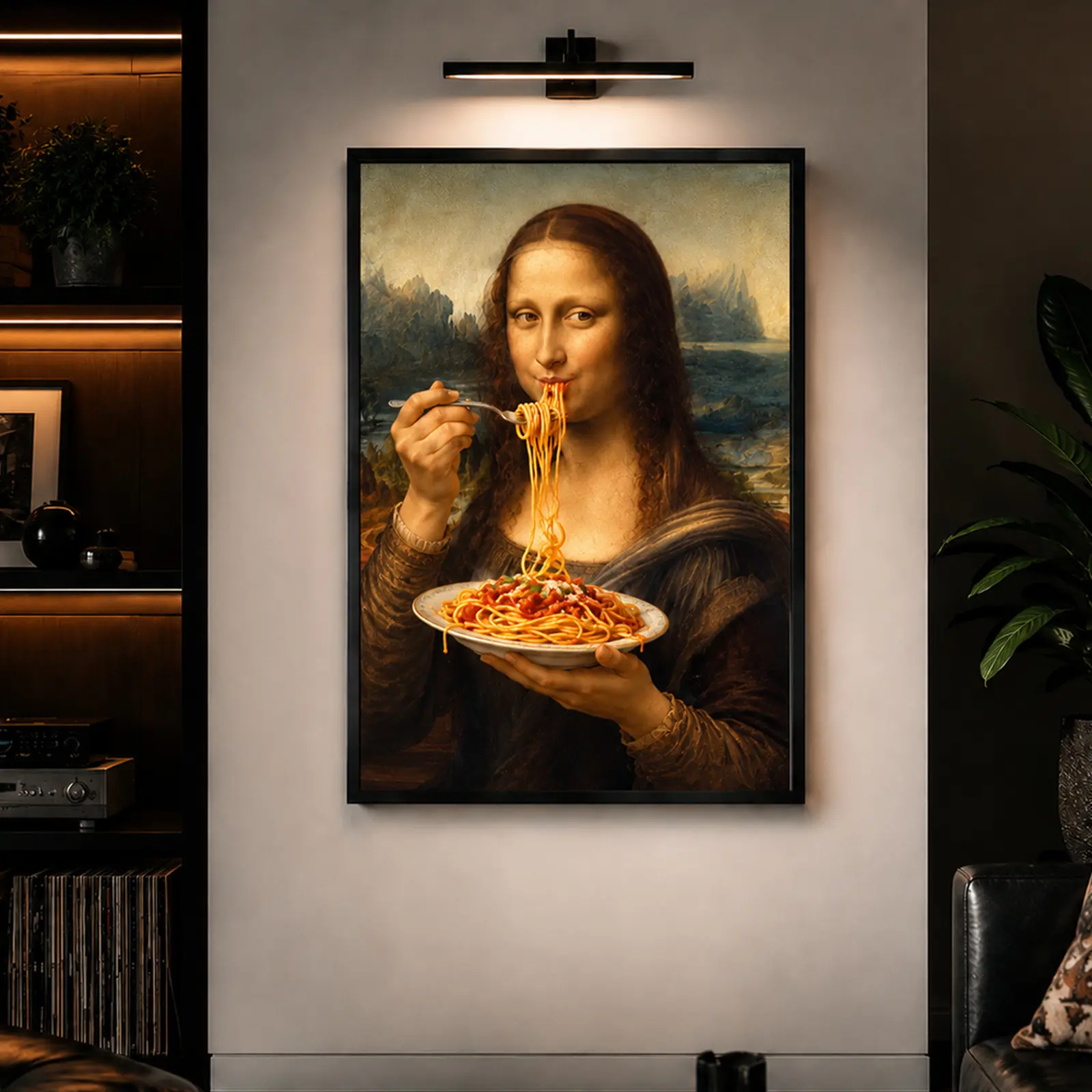 Whimsical Mona Lisa Eating Spaghetti Canvas Print - Multi-Size Classic Art with Funny Twist, Renaissance Home Decor, Quirky Kitchen Wall Art, Unique Gift Idea