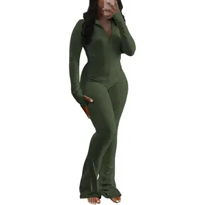 2 Piece Outfits Tracksuit Set Long Sleeve Full Zipper Crop Jacket and Flare Pants Workout Set With Pockets
