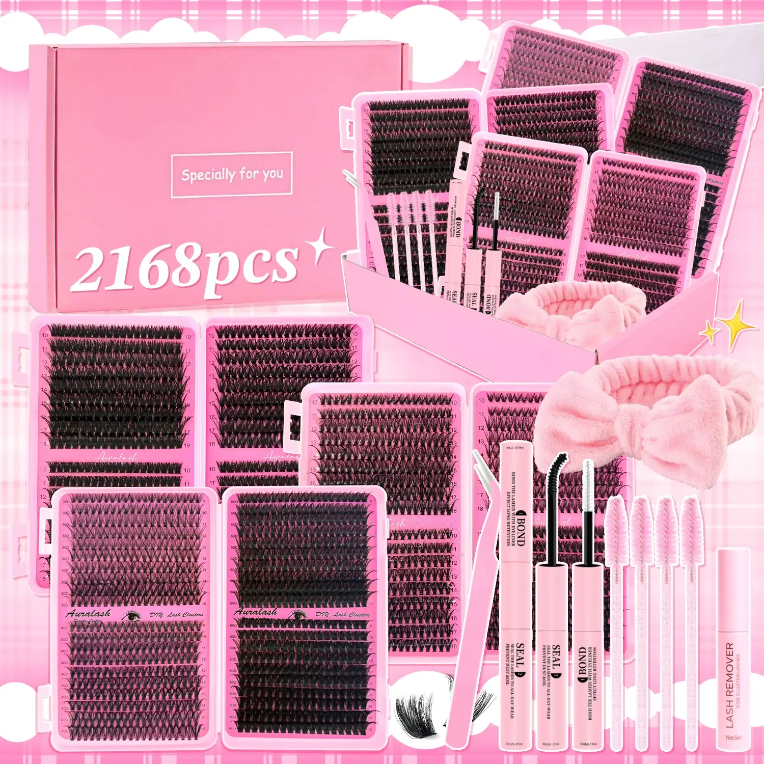 2168PCS DIY Lash Extension Kit Gift Box | Skip Expensive Salon Visits! All-In-One DIY Eyelash Clusters Gift Box with 3 Lash Books & 6 Densities 30D to 100D | Upgraded Gentle Long-Lasting Bond | 3 Min Apply Fluffy Soft Lashes No Stab