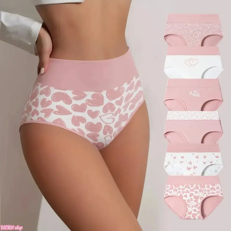 [SummerWins]Women's High-Rise Cotton Panties 4/6-Pack, Soft Comfortable Briefs with Love Print for Everyday & Postpartum Wear