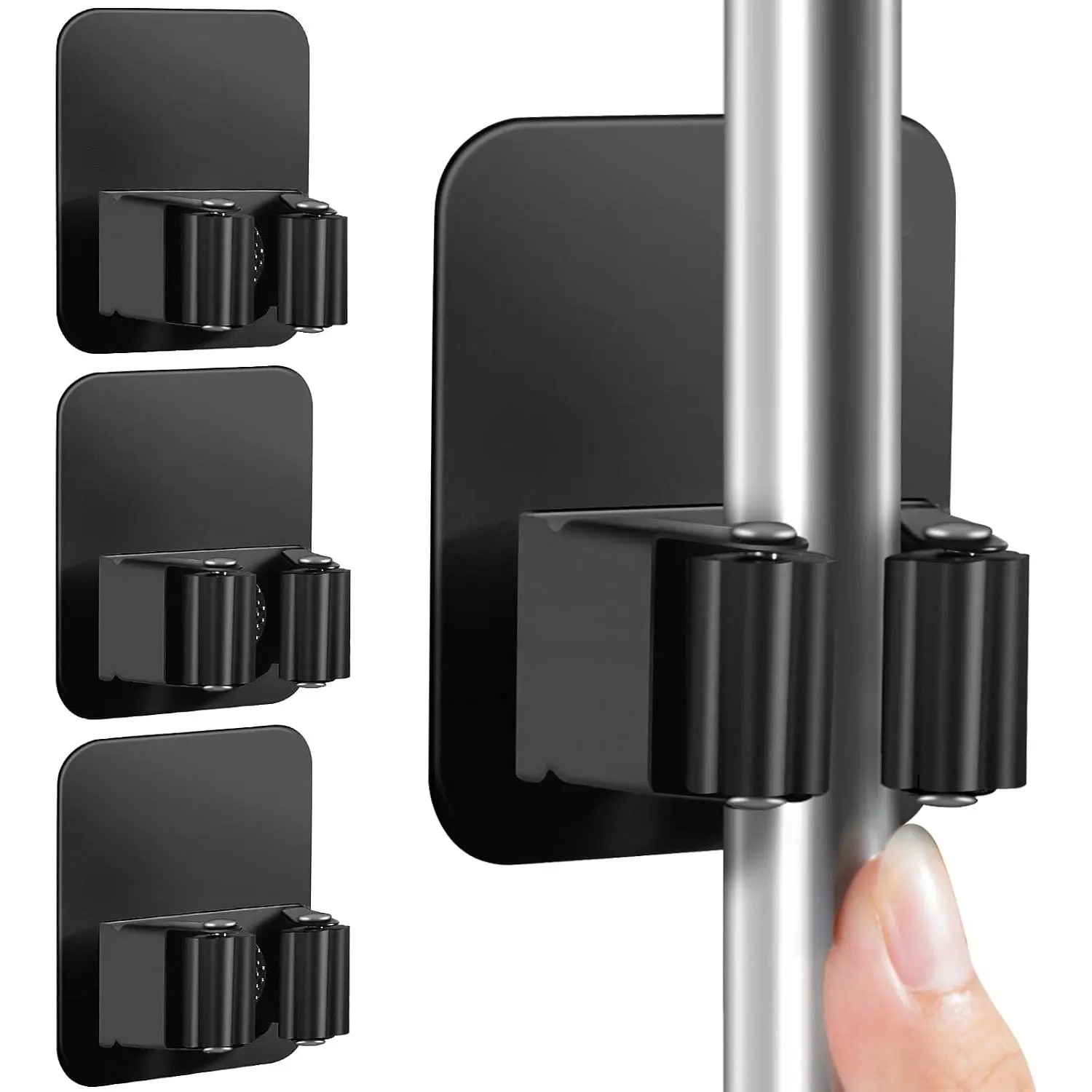 4 Pack Broom Holder Wall Mount, Improved Super Anti-Slip Mop and Broom Holder Wall Mount, Broom Hanger Gripper for Kitchen, Bathroom, Closet, Garden Garage, Black