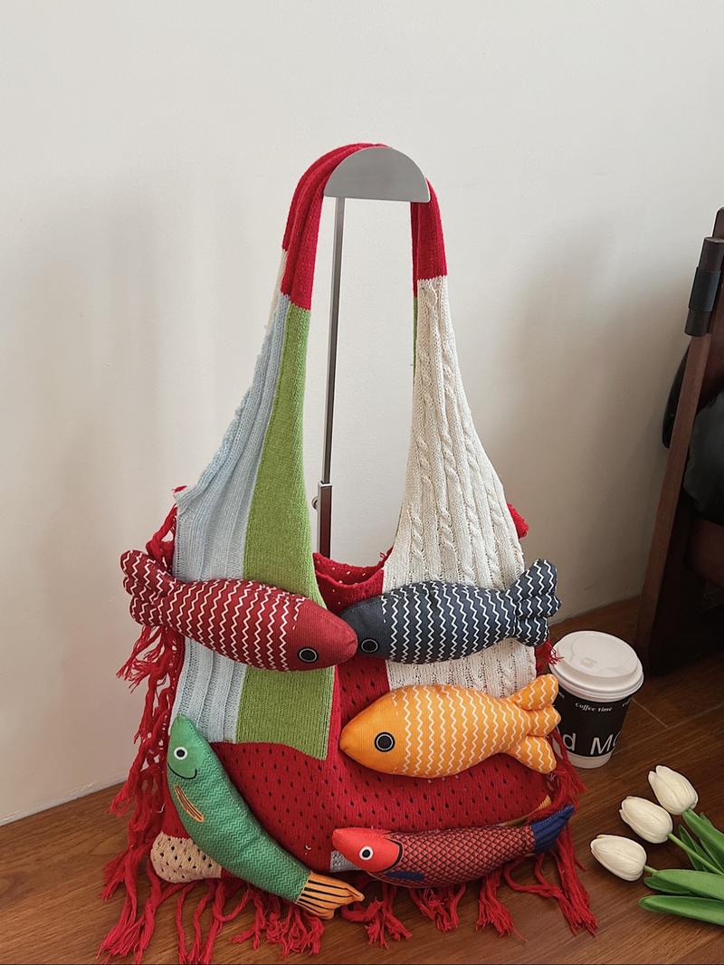 Stylish Rainbow Color Women's Knitted Bag with Colorful Fish Pattern, Versatile Shoulder Bag for Work, Shopping, Outings and Daily Use