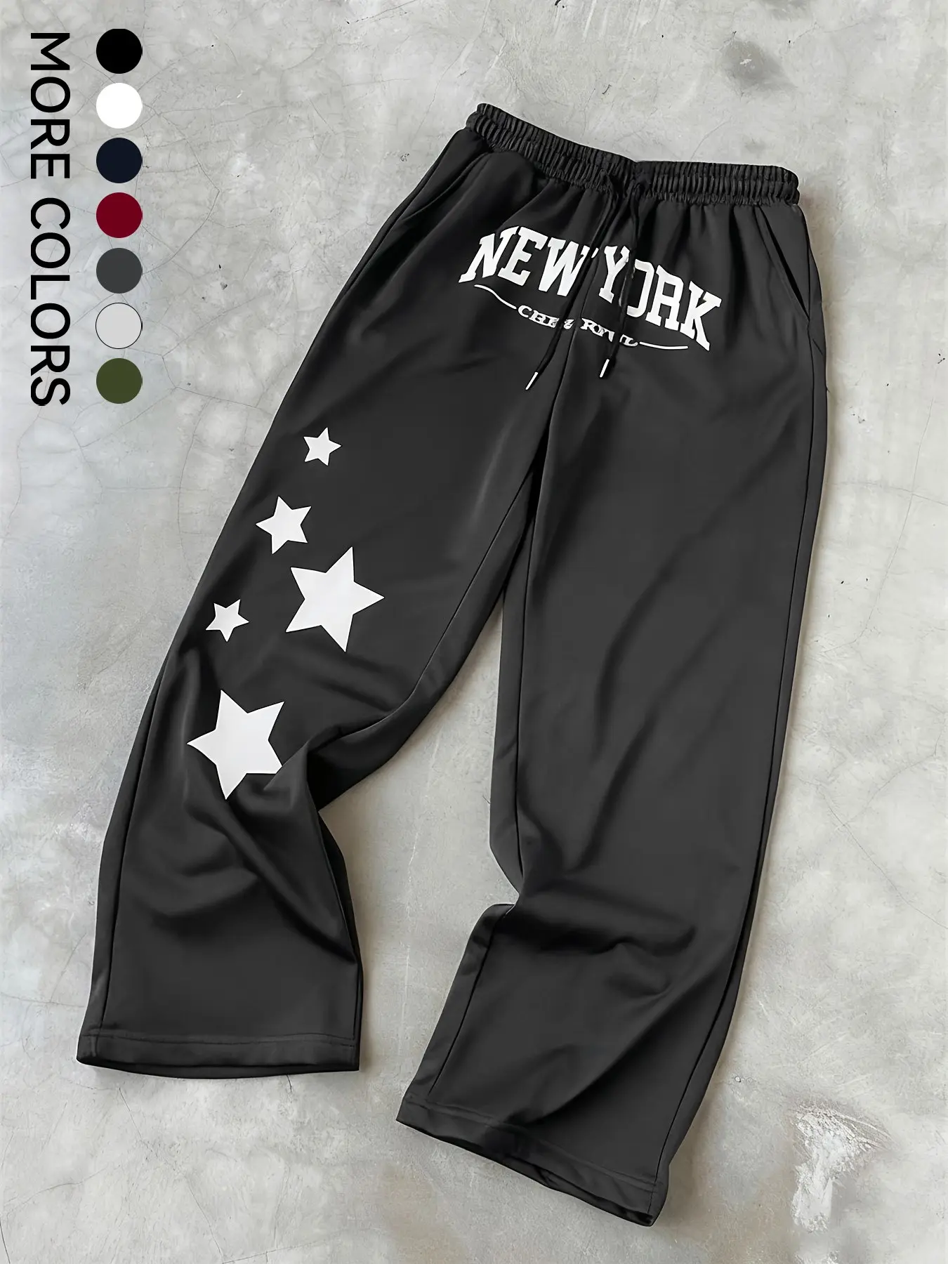 Men's Vintage College Style New York Star Print Wide Leg Sweatpants, Casual Streetwear Drawstring Sports Pants, Loose Straight Fit Y2K Fashion, Casual Sporty Trousers