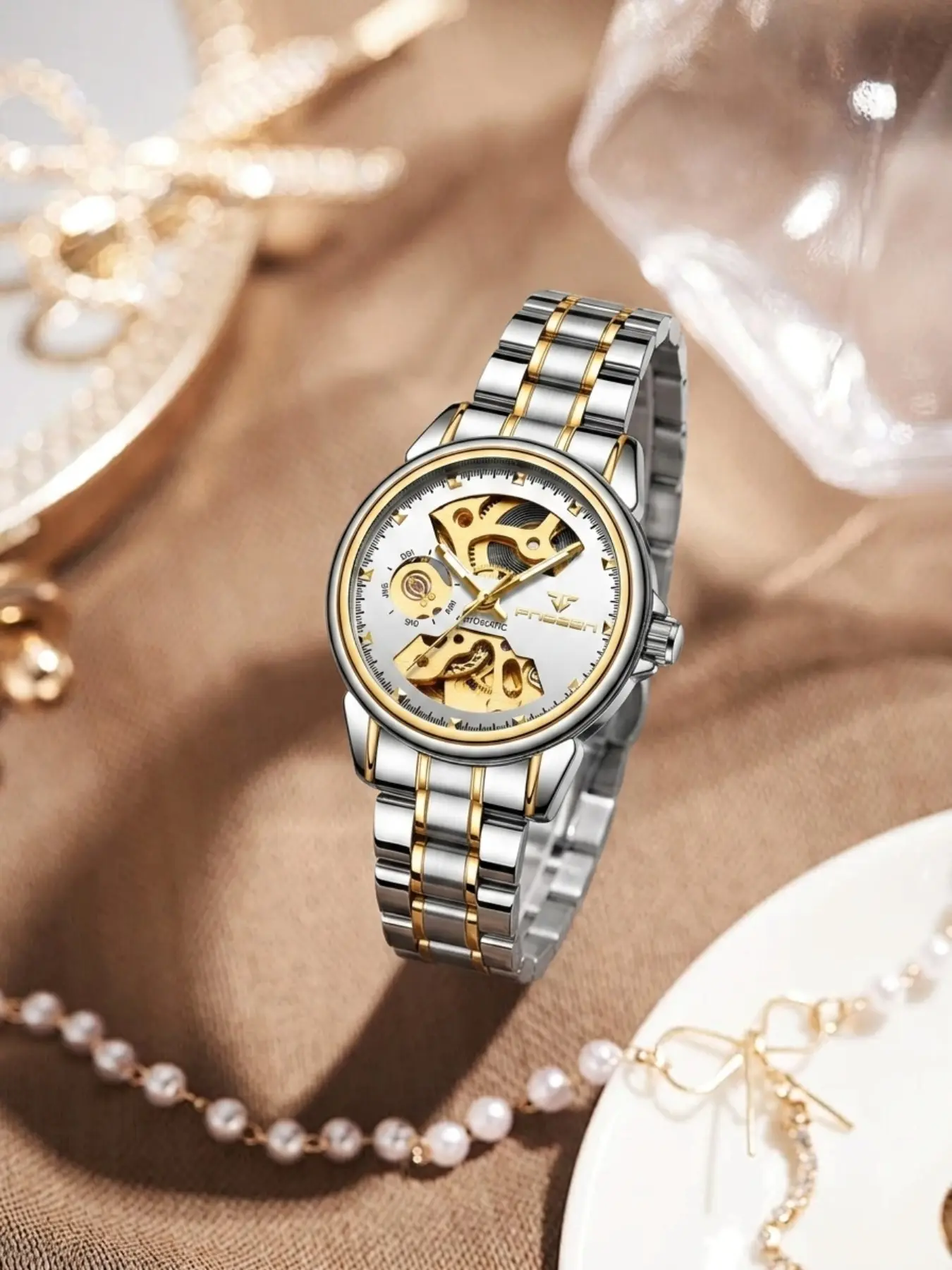 Elegant Women's Watch with Steel Band and Silver Color Dial, Hollow Mechanical Design, Business Casual Style, High-End Fashion