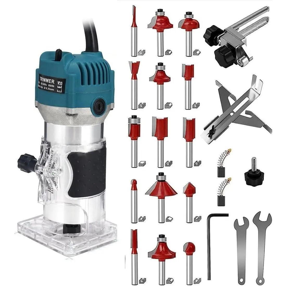 110V Router Tool, 800W Wood Trim Router, 30000RPM Electric Hand Trimmer, Palm Router with 15x 1/4" Router Bits & 2x Trim Guides  Woodworking Tools, Adjustable Base Height w/Scale