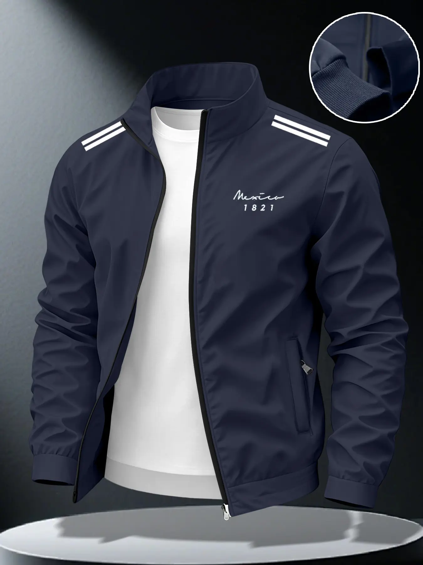 Mexico1821 Men's Casual Zipper Jacket, Plain Surface Fitted Outerwear, All-Season Lightweight Windbreaker, Handwritten English Print Design