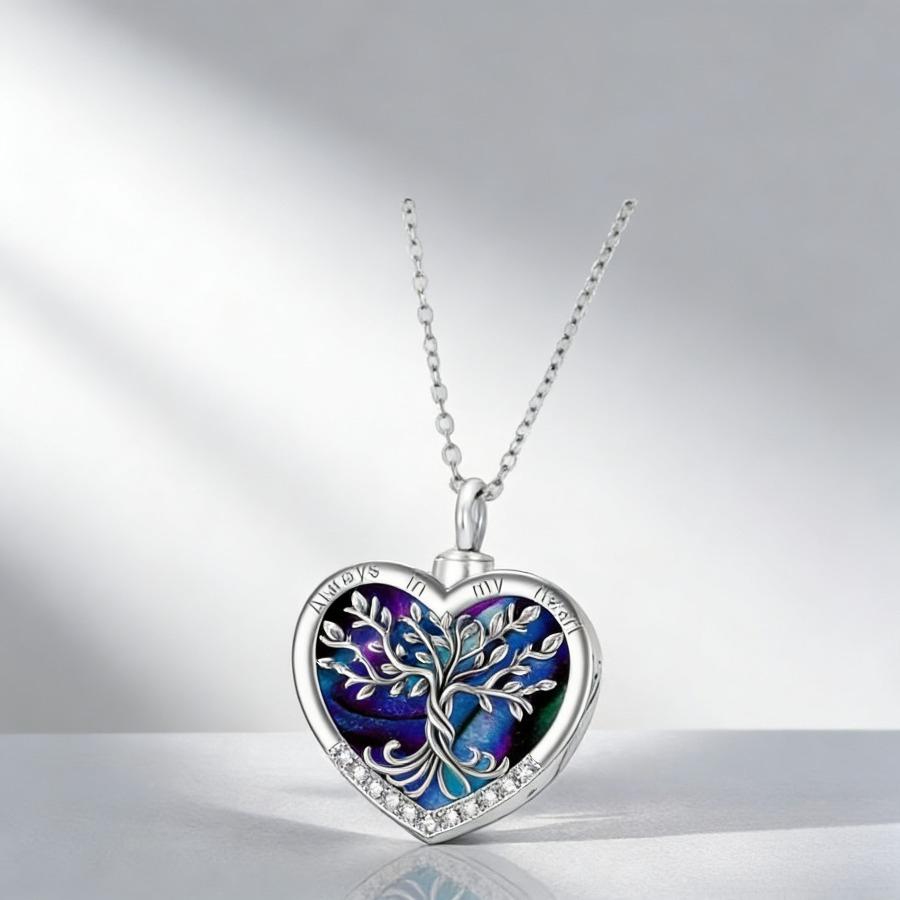 Heart Tree Life Urn Pendant Easter Memorial Necklace - Abalone Shell & Stainless Steel Short Chain - Cremation Jewelry for Memorial