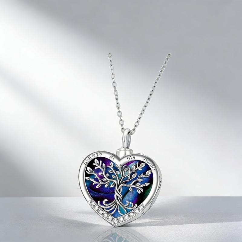 Heart Tree Life Urn Pendant Easter Memorial Necklace - Abalone Shell & Stainless Steel Short Chain - Cremation Jewelry for Memorial