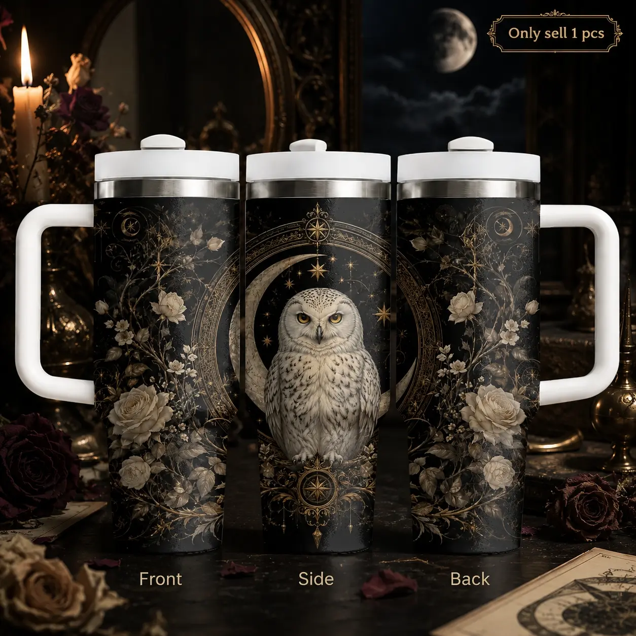 Gothic Witch Owl Tumbler 40oz Stainless Steel Vacuum Insulated Cup with Handle and Straw, Vintage Occult Moon Art Travel Mug, Halloween Gift for Women, Keeps Cold Hot, Insulated Drink Cup