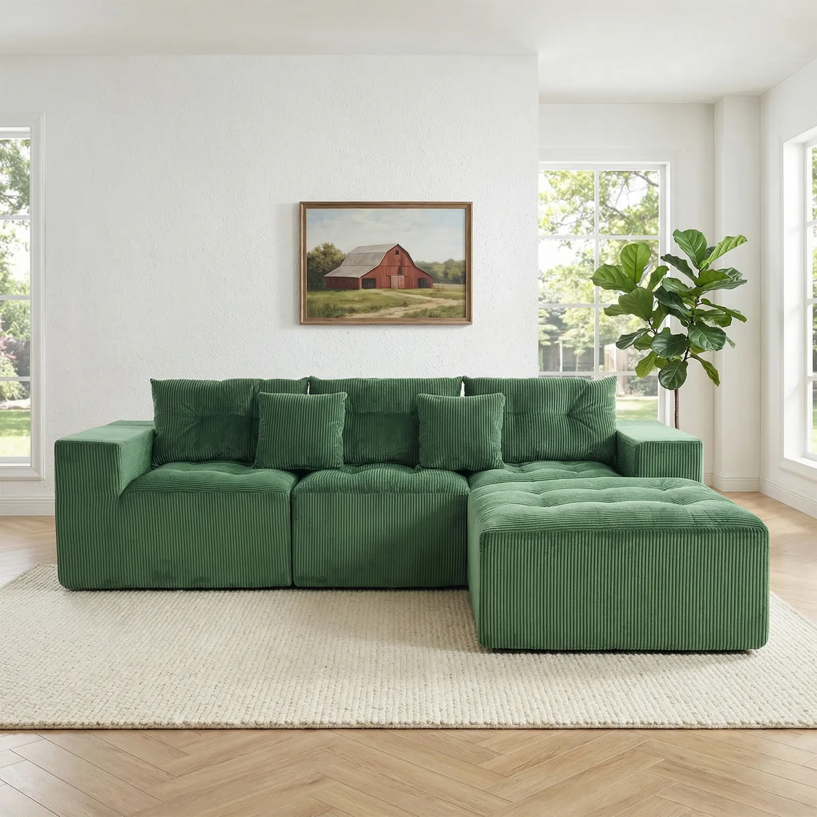 ARCH 101" L-Shaped Modular Sofa - 3-Seater Corduroy Cloud Couch with Movable Chaise, DIY Combination, Solid Wood Frame, High-Density Foam, No Assembly, Ribbed Texture, for Living Room, Green