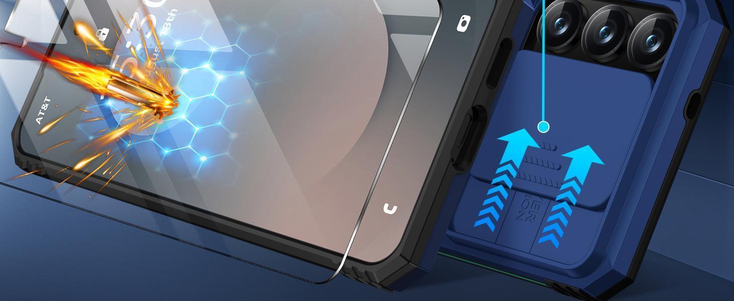 for Samsung Galaxy S25 FE Case with Screen Protector & Slide Camera Lens Cover, Built-in Magnetic Ring Stand Shockproof Protective Phone Case for Samsung S25 FE Case (Blue)