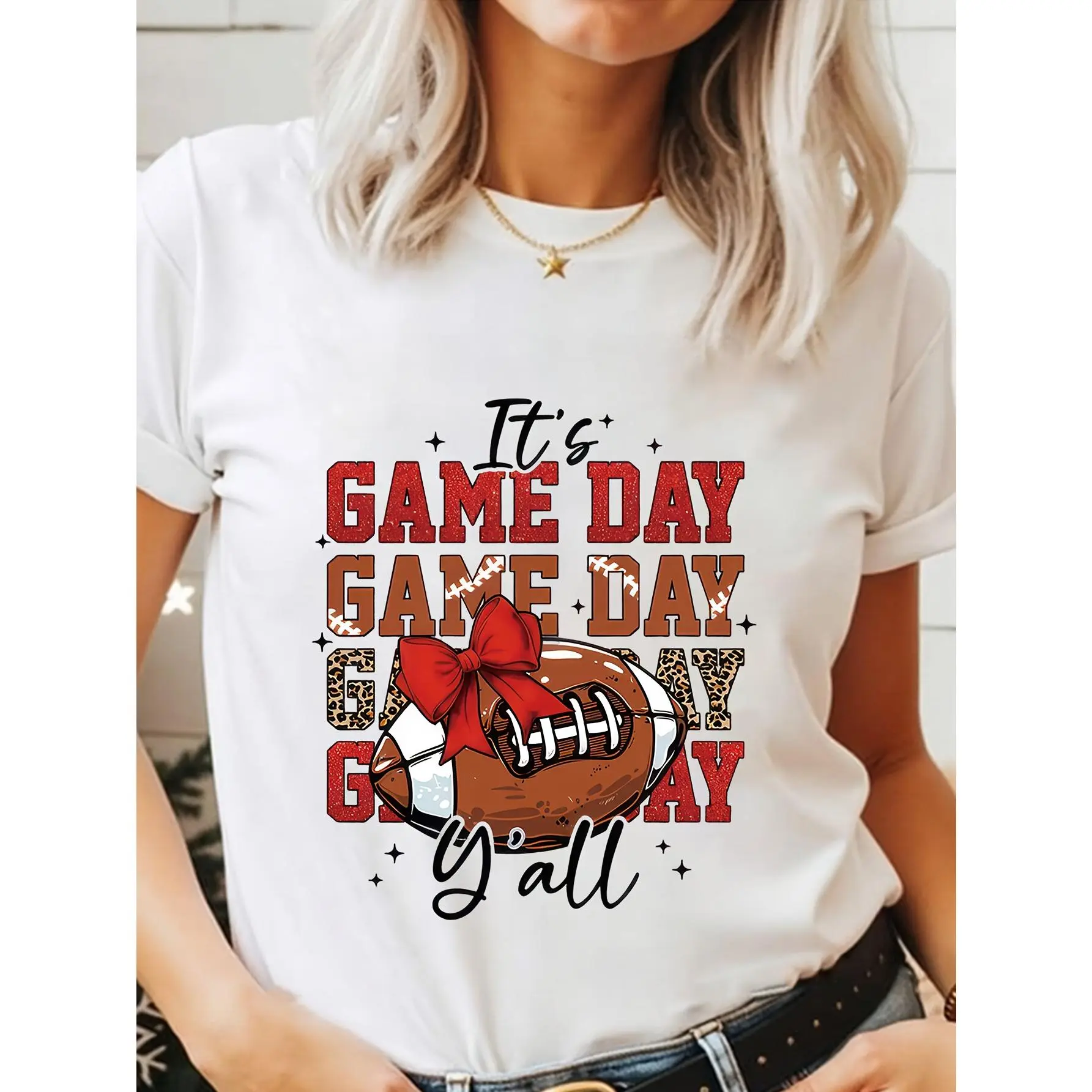 Women'S & Unisex Game Day Football T-Shirt - Bold "IT'S GAME DAY Y'ALL" Print with Bow & Football Graphic, Soft Breathable, Lightweight Short Sleeve Crew Neck, White with Red Lettering - Perfect for Tailgating, s Events, Spring & Summer Outfits