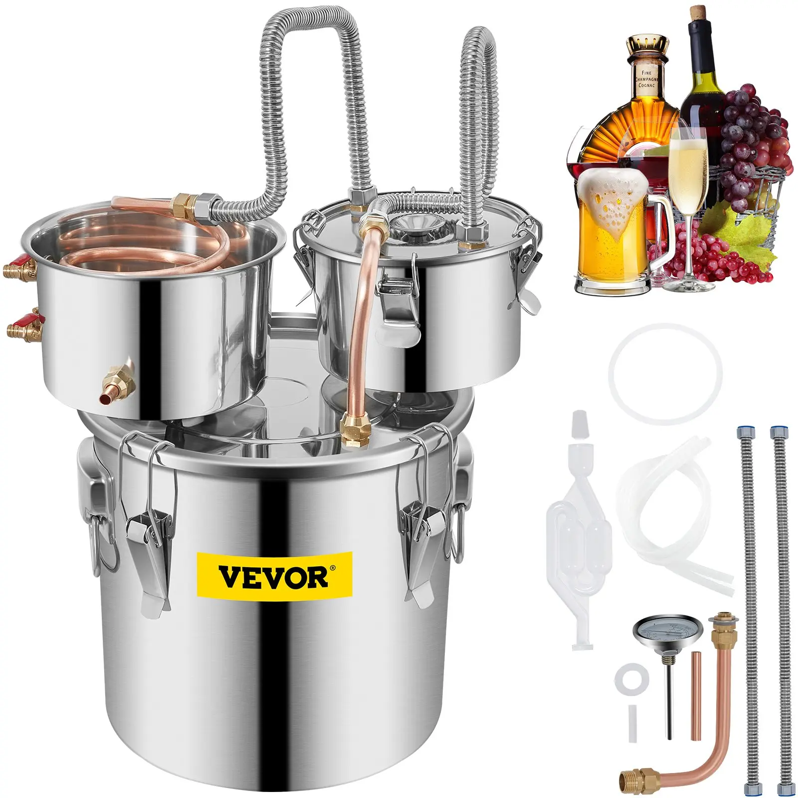 VEVOR Stainless Steel Moonshine Water Distiller Set - 3 Gal (11.4 L), 9.8 lbs, Lid, Thermal Silicone, Copper Tube, Circulating Pump, Built-in Thermometer, Condenser Keg for Home Brewing DIY Whisky Spirits