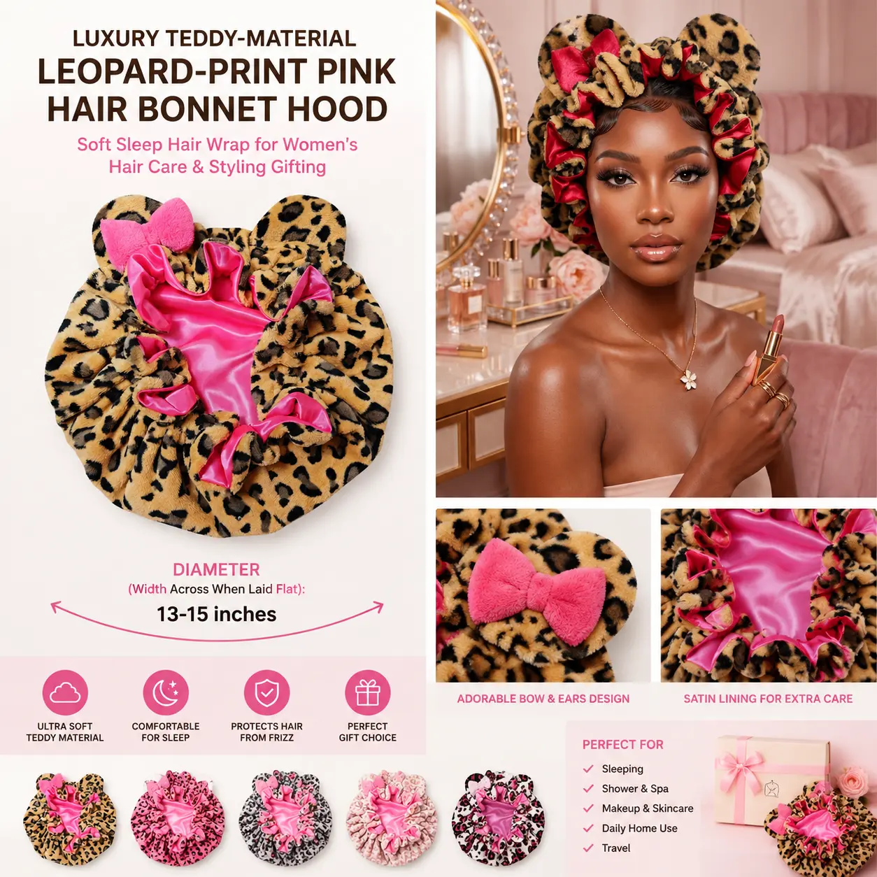 Luxury Teddy‑Material Leopard‑Print Pink Hair Bonnet Hood, Soft Sleep Hair Wrap for Women’s Hair Care & Styling Gifting,Active,Packable,trendy,adjustable,snapback,skull,motorcycle,outdoor,Patriotic,panel,umbrella,tee,baseball,summer,leisure,2-pa,wind,cold