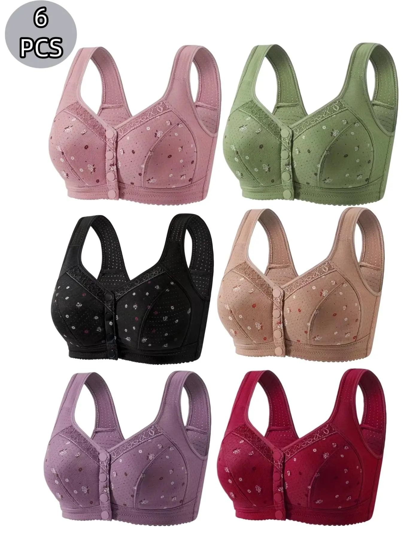 6-Pack Women's Lace Seamless Bras, Wire-Free Front Clasp Push-Up Underwire Free Bra, Breathable Soft Fabric, All-Day Support