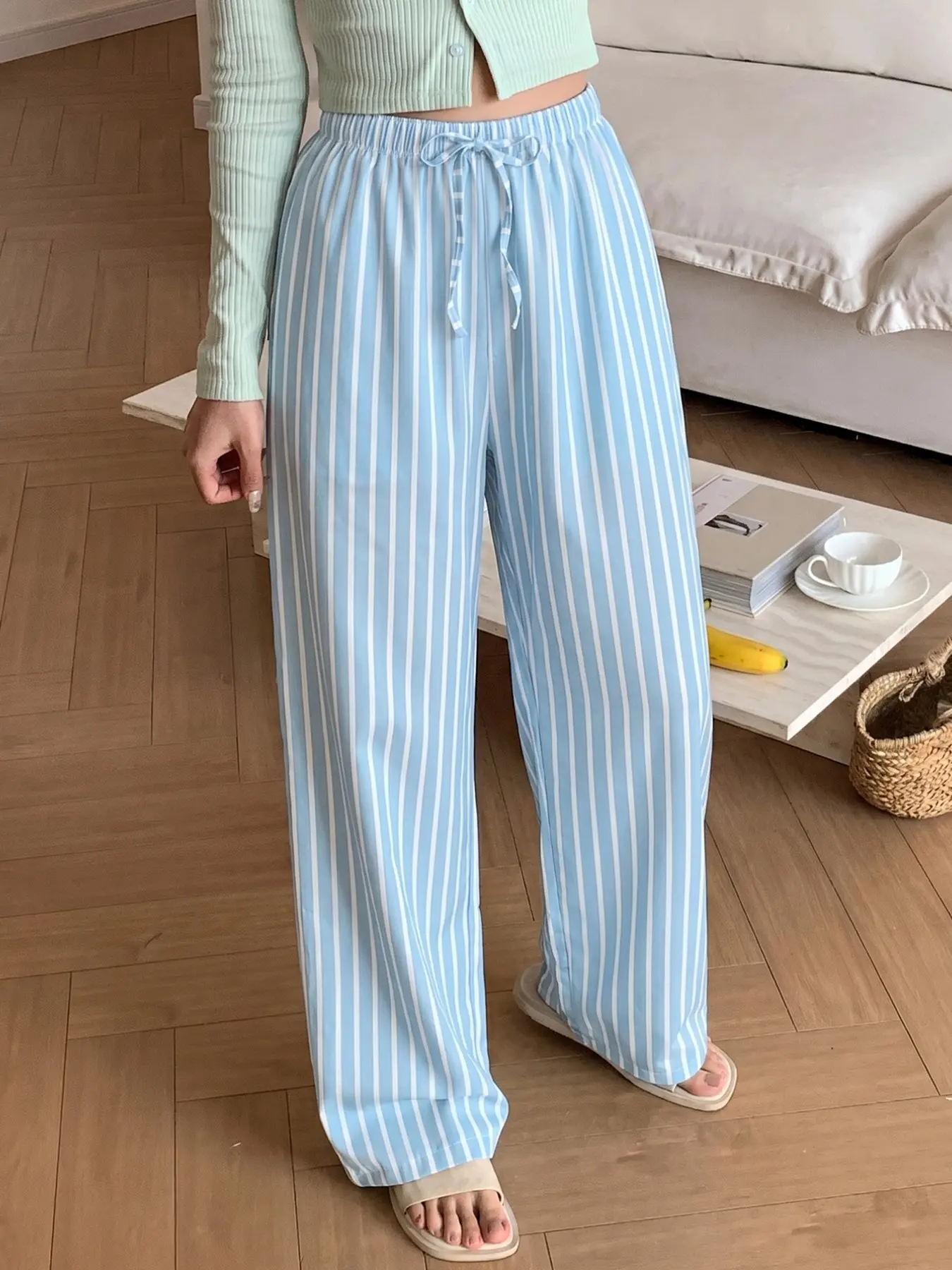 Soft Comfortable Blue Vertical Striped Wide Leg Sleep Pants for Women, Elastic Waist Drawstring Loose Fit Home Wear, Breathable Daily Casual Pants, Casual Lounge Sleep
