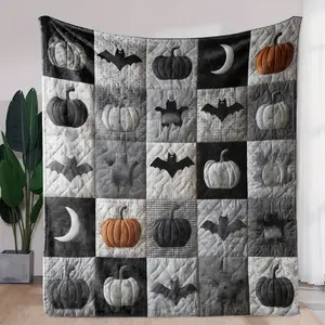 Halloween Pumpkin Bat Moon Patchwork-style Print Flannel Blanket Soft Warm Throw Plush Blanket Neutral Minimalist Vintage Halloween Farm Aesthetic Bedroom Couch Nap Blanket Giftable Muted Tone Fall Halloween Decor Blanket For Room Party Day Gift