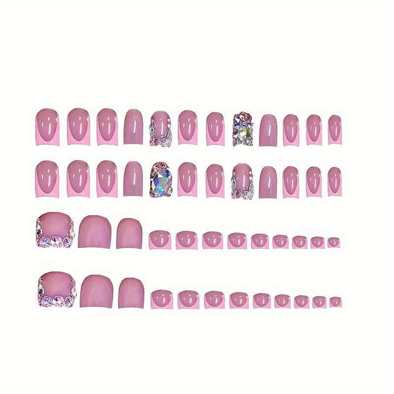 [Fashionable Nail Kit] 2 Pack 48PCS Handmade Pressing Nail and Toe Nail Set |   Pink Square Nails with 3D Rhinestones, Glossy French Pointed Design, Fashionable Nail Kit for Women