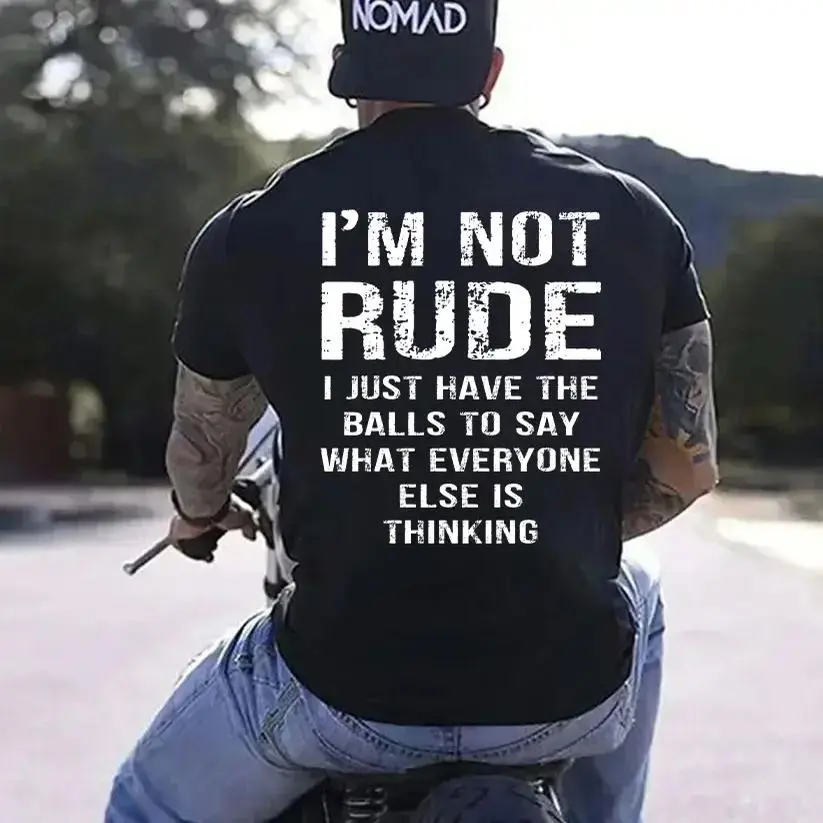 Men’s Classic Comfy Cotton Breathable Short-Sleeve Hoodie, "I’m Not Rude I Just Have the Balls to Say What Everyone Else Is Thinking" Print, Funny Slogan Casual Streetwear, Shortsleeve