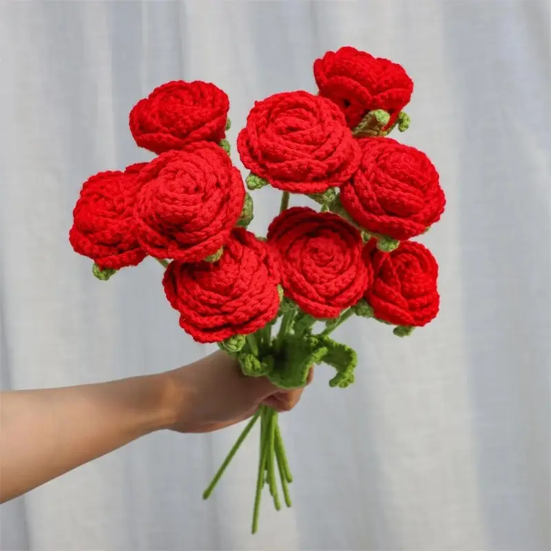 Hand-Woven Crochet Rose Bouquet, 9PCS Artificial Flowers, Decorative, Graduation Gift, Valentine's Day, Mother's Day, Wedding, Anniversary, Birthday, Home Decor & Room Decoration