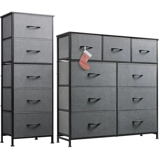 5 Drawer and 9 Drawer Dresser Set, Dresser for Bedroom, Closet, Hallway, Storage Organizer Unit, Dressers & Chests of Drawers with Fabric Bins, Dark Grey