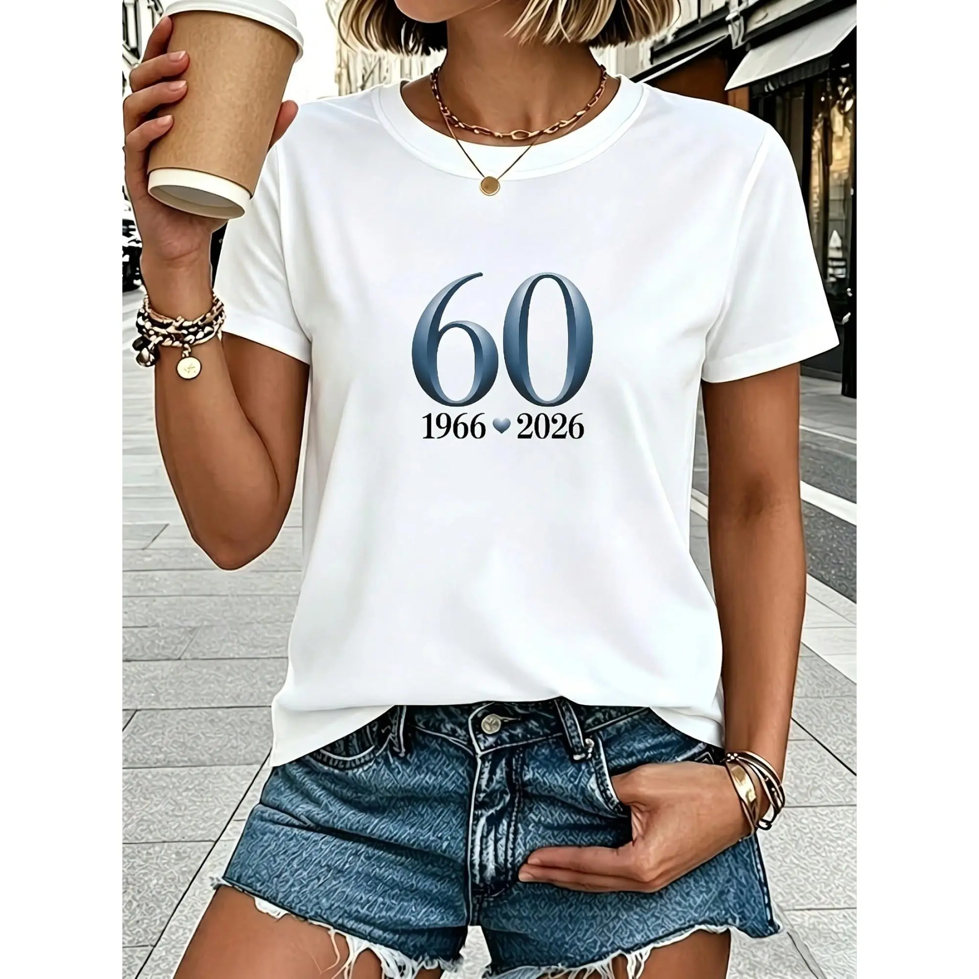 Women's 1966-2026 60th Anniversary Text Print Short-Sleeve Round Neck Cotton Knitted Loose Piece T-Shirt, White, Machine Washable, Casual Comfortable Fit, Fashionable Everyday Versatile Soft Fabric Top, Shortsleeve, Tshirt, Letter Print, Graphic
