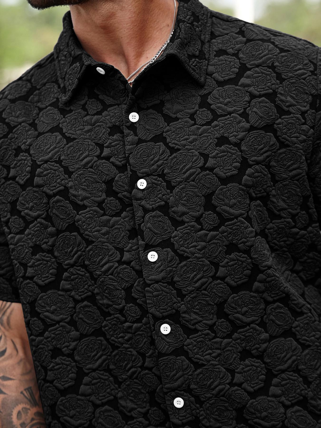 Men's Casual Short Sleeve Shirt with Rose Pattern, Casual Party Shirt, Retro Luxe Textured Coffee Shirt for All Seasons, Casual Stylish Menswear, Great Gift for Boyfriends