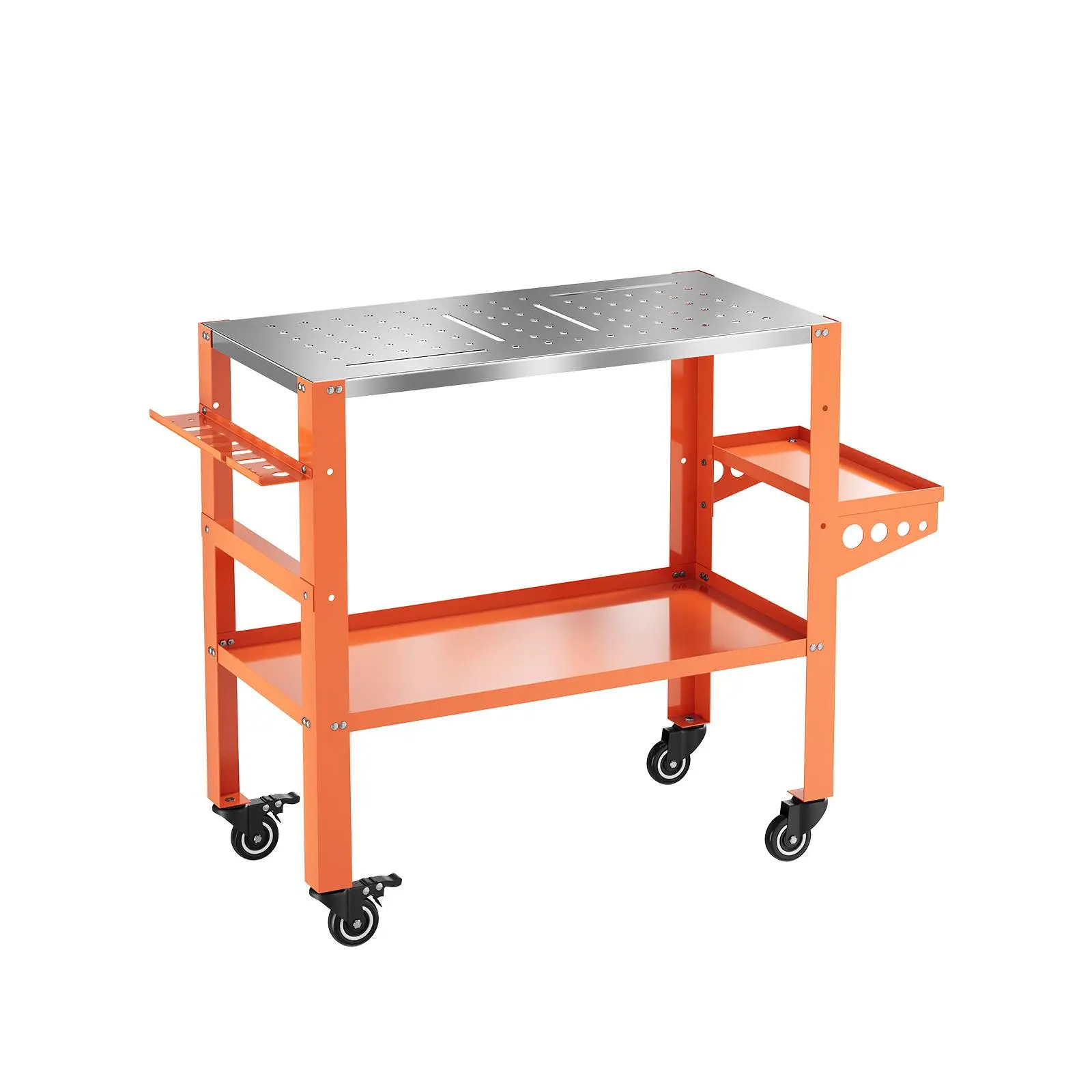 Heavy-Duty 1200 lbs Welding Table Workbench – 36" x 18" Steel Top, Lockable Wheels, Tool Rack & Tray, 4 Tool Slots, 5/8" Fixture Holes, Perfect for Welding and Repair Tasks