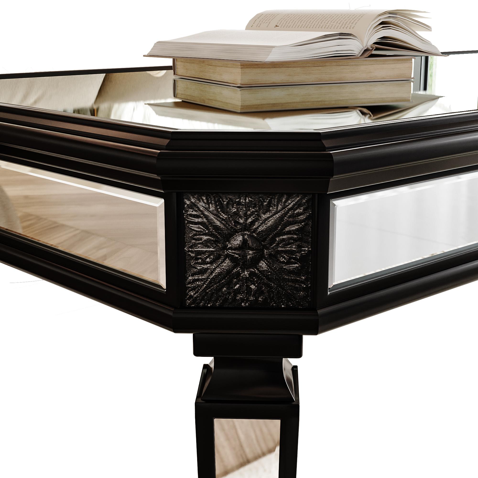 Silver Mirrored Coffee Table, Black Vintage Carved Wooden, Rectangle Glass Tea Table with Mirrored Finish, Modern Center Table for Living Room and Office (24" D x 48" W x 18" H)