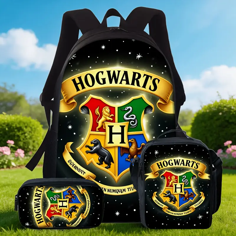 Durable Water Resistant 3-Piece Backpack Set for Kids Teens, Lightweight School Bag with Lunch Box, Black Starry Background Hogwarts Four House Crest Harry Potter Magic Print, Includes Large Rucksack, Thermal Lunch Tote & Stationery Pouch