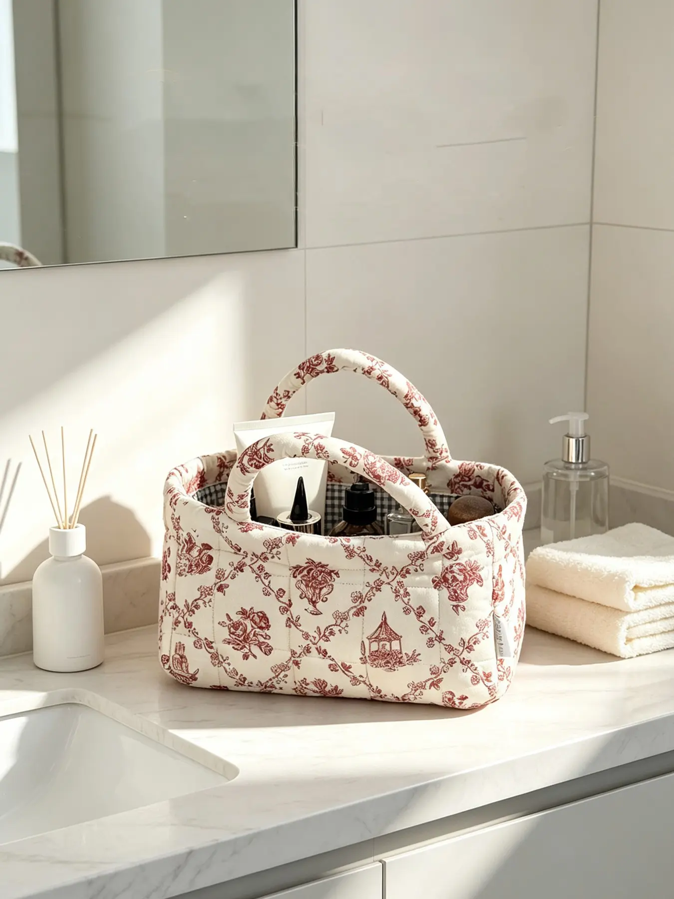 Vintage Red Floral Quilted Storage Baskets with Dual Carry Handles, Open Top Portable Sundries Organizer Caddy for Car Interior, Car Seats, Bedroom Counter & Desktop Storage