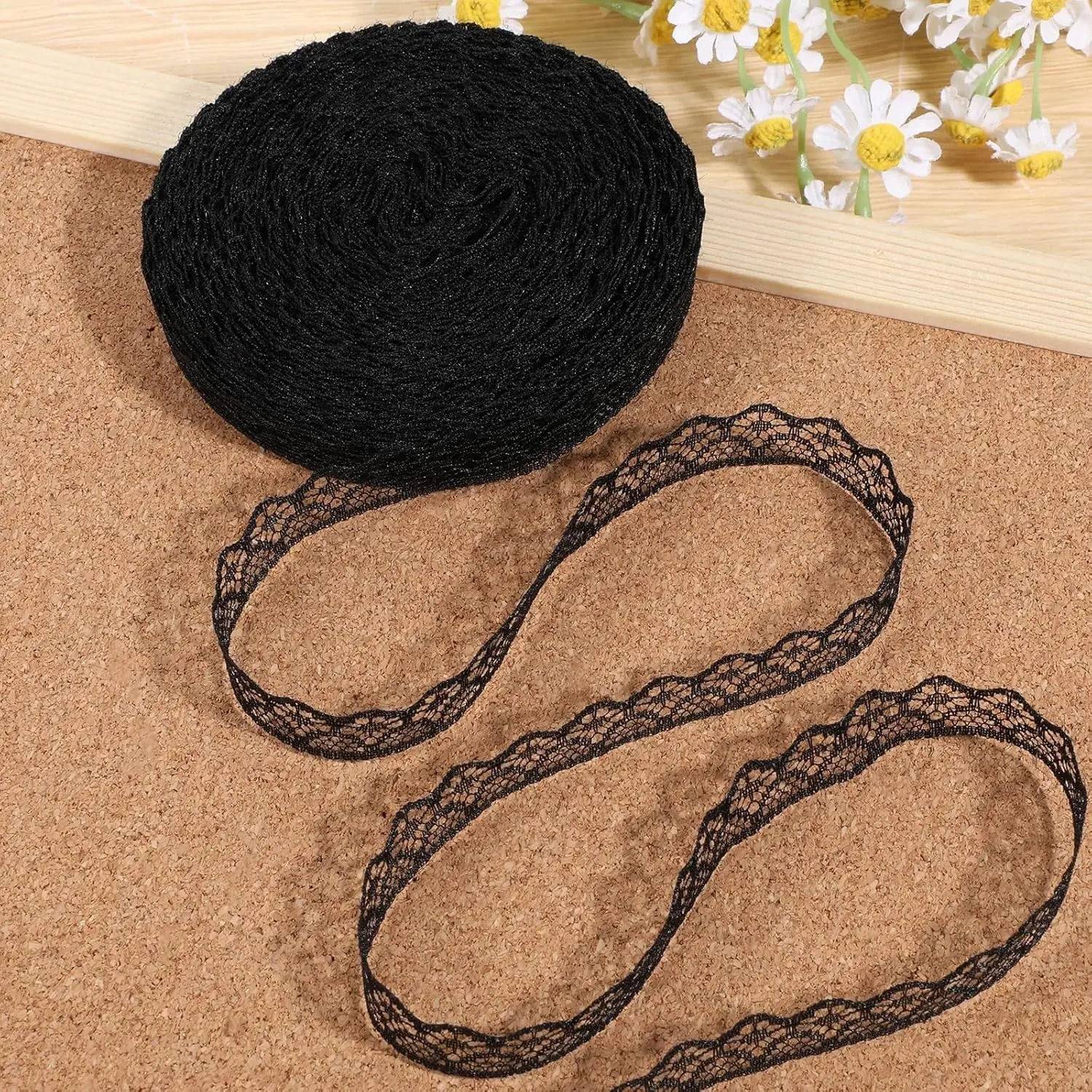 30 Yards 0.6 Inch Wide Black Flower Fabric Lace Ribbon Trim Roll for Sewing Crafts Wedding Decoration Bouquet Gift Packaging