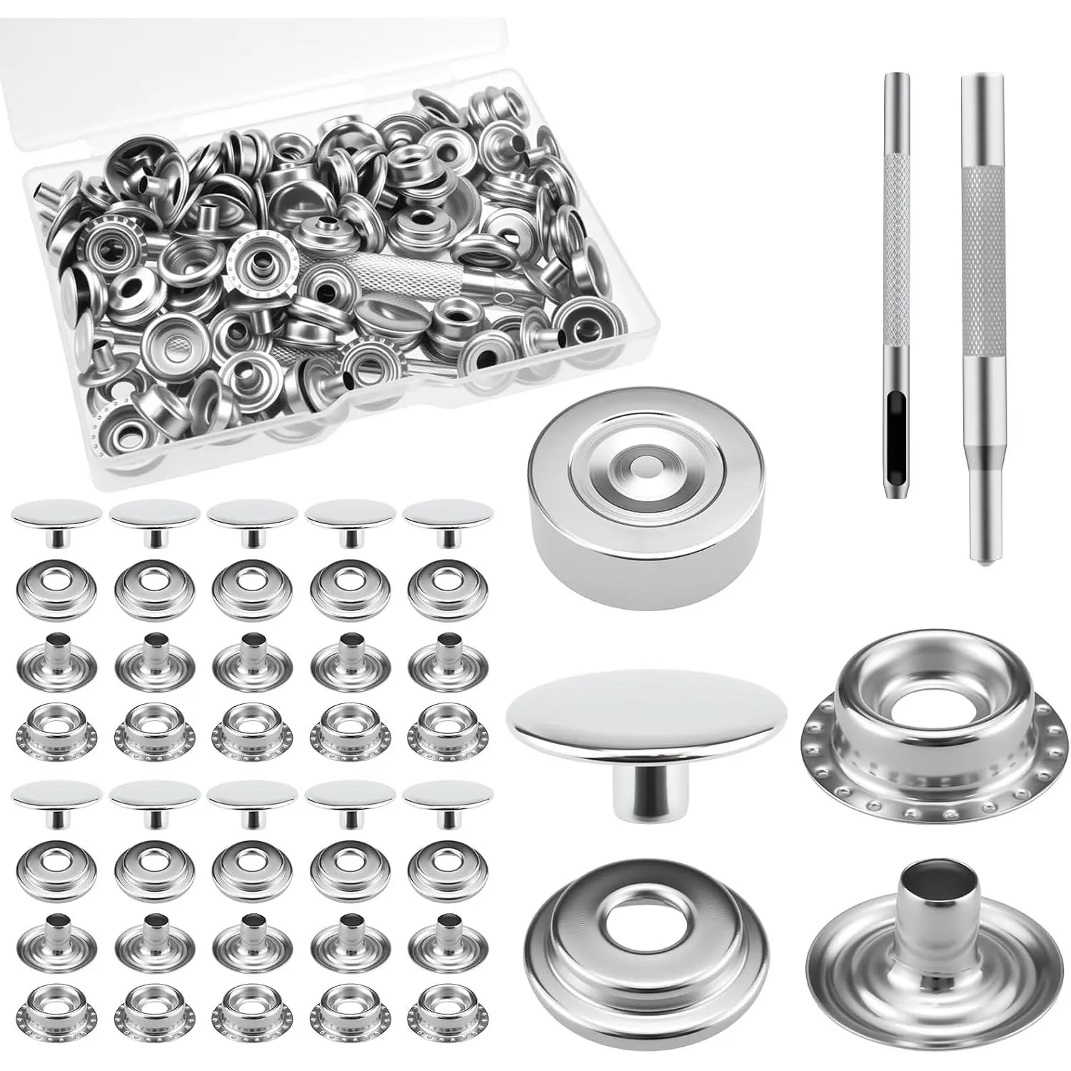 120 count (30 Sets) Leather Snap Fasteners with 3 Setter Tools, 15mm Stainless Steel Sewing Snap Buttons Kit for Leather, Clothing, Fabric, Bags, Canvas, DIY Crafts ()