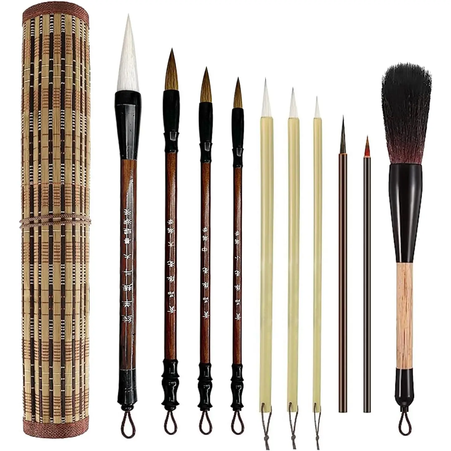 10-Piece Chinese Calligraphy Brush Set - Premium Writing Brushes with Roll-up Bamboo Brush Holder