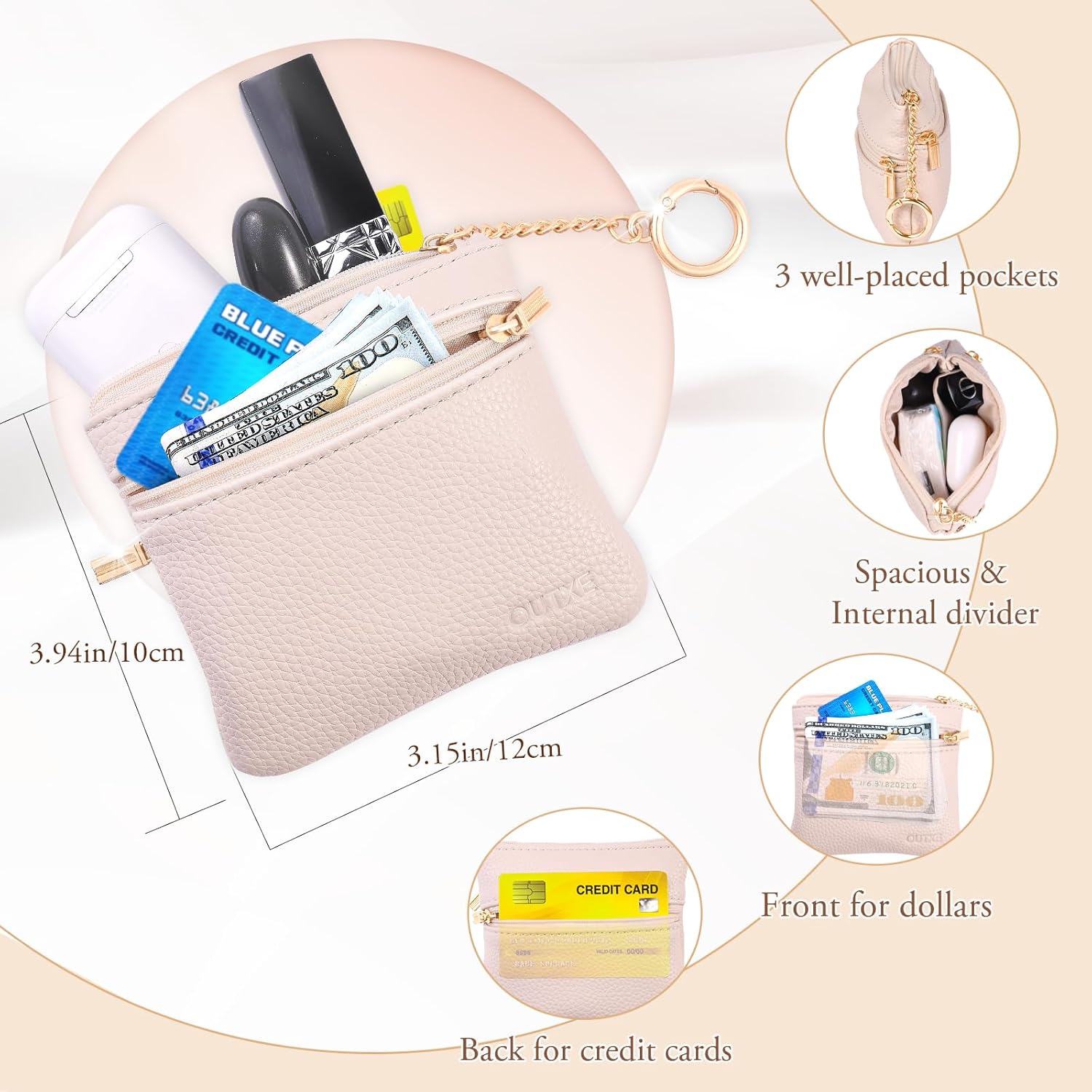 Bohemian Beige Fabric Clip-and-Go Mobile Phone Strap Accessory with Larger Capacity Wallet Crossbody, Detachable Wrist Strap, Alloy Zippered Pouch, 2 Nylon Tabs, Synthetic Details - Anti-Loss, Fits Phones, Compatible with Earbuds, Accessories, Includes Po